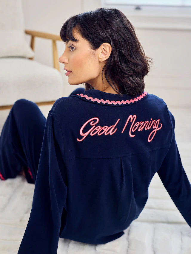 Blue Cotton Embroidered Good Morning Long Pyjamas Set