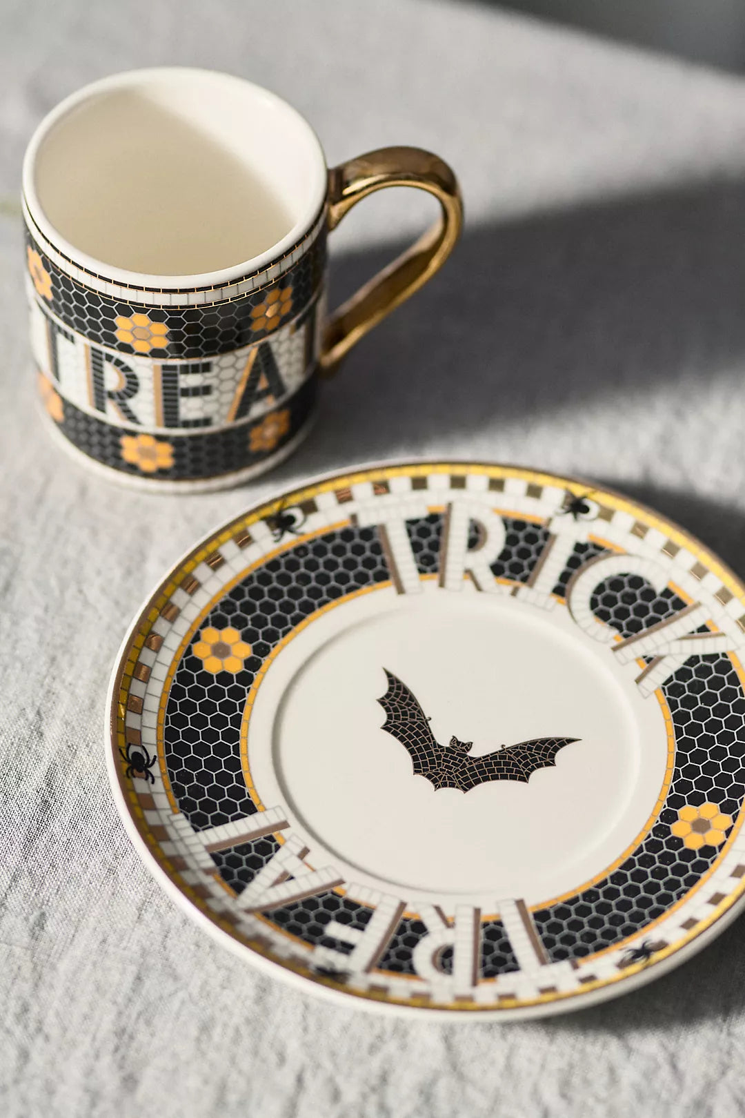 Bat Bistro Tile Stoneware 24k Gold Accent Halloween Espresso Cup
