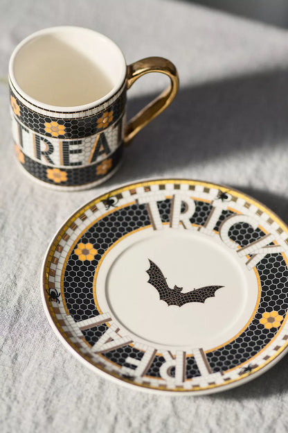 Bat Bistro Tile Stoneware 24k Gold Accent Halloween Espresso Cup