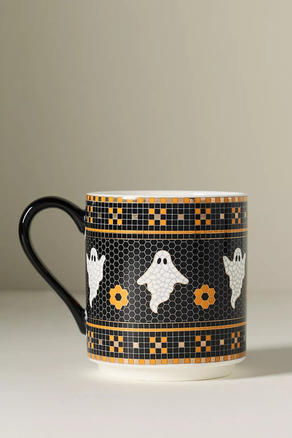 Ghost Bistro Tile Stoneware 24k Gold Accent Halloween Mug