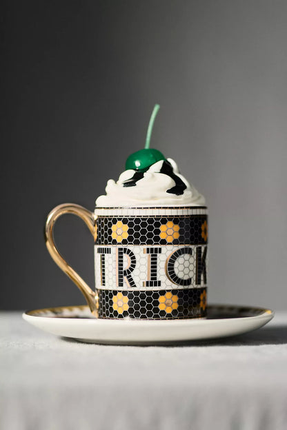 Bat Bistro Tile Stoneware 24k Gold Accent Halloween Espresso Cup