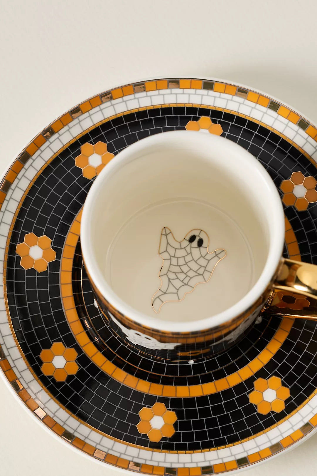 Ghost Bistro Tile Stoneware 24k Gold Accent Halloween Espresso Cup