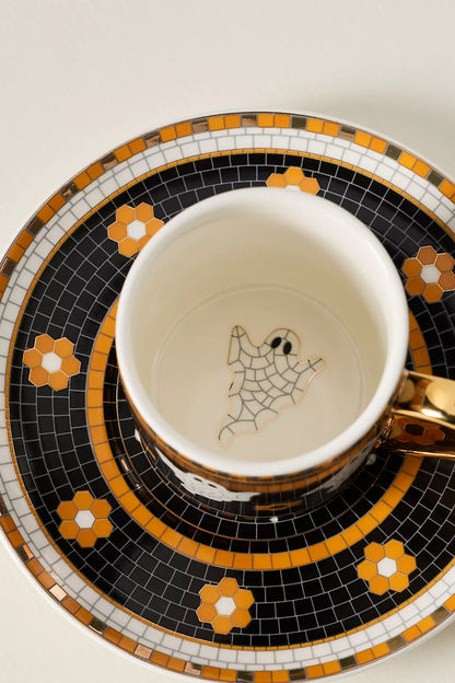 Ghost Bistro Tile Stoneware 24k Gold Accent Halloween Espresso Cup