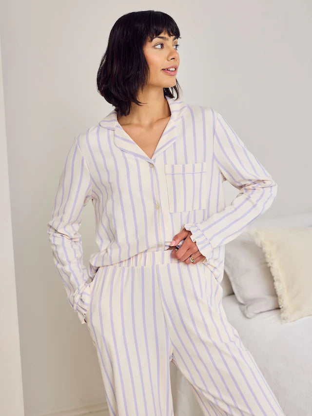 Purple Cotton Lilac Stripe Frill Long Pyjamas Set