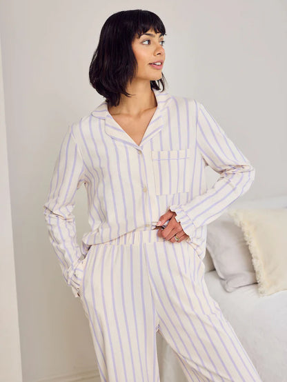 Purple Cotton Lilac Stripe Frill Long Pyjamas Set