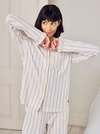 Purple Cotton Lilac Stripe Frill Long Pyjamas Set