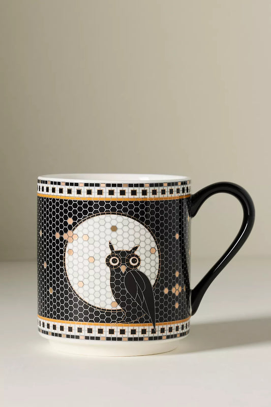 Owl Bistro Tile Stoneware 24k Gold Accent Halloween Mug