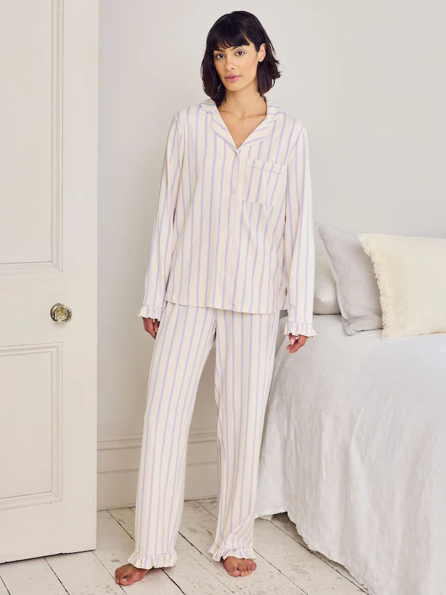 Purple Cotton Lilac Stripe Frill Long Pyjamas Set