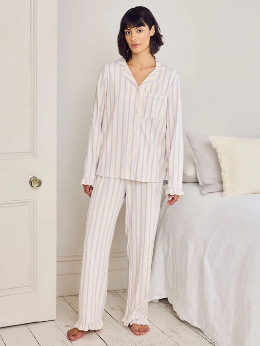 Purple Cotton Lilac Stripe Frill Long Pyjamas Set