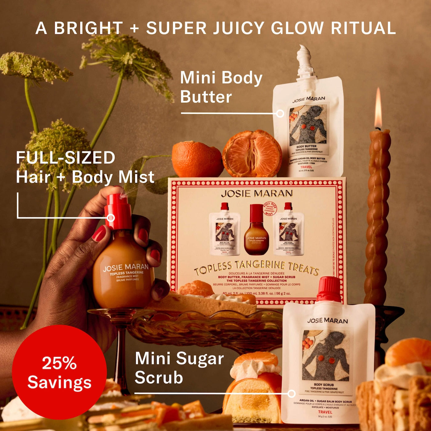 Josie Maran 
Topless Tangerine Treats Body Butter, Fragrance Mist, Sugar Scrub Gift Set