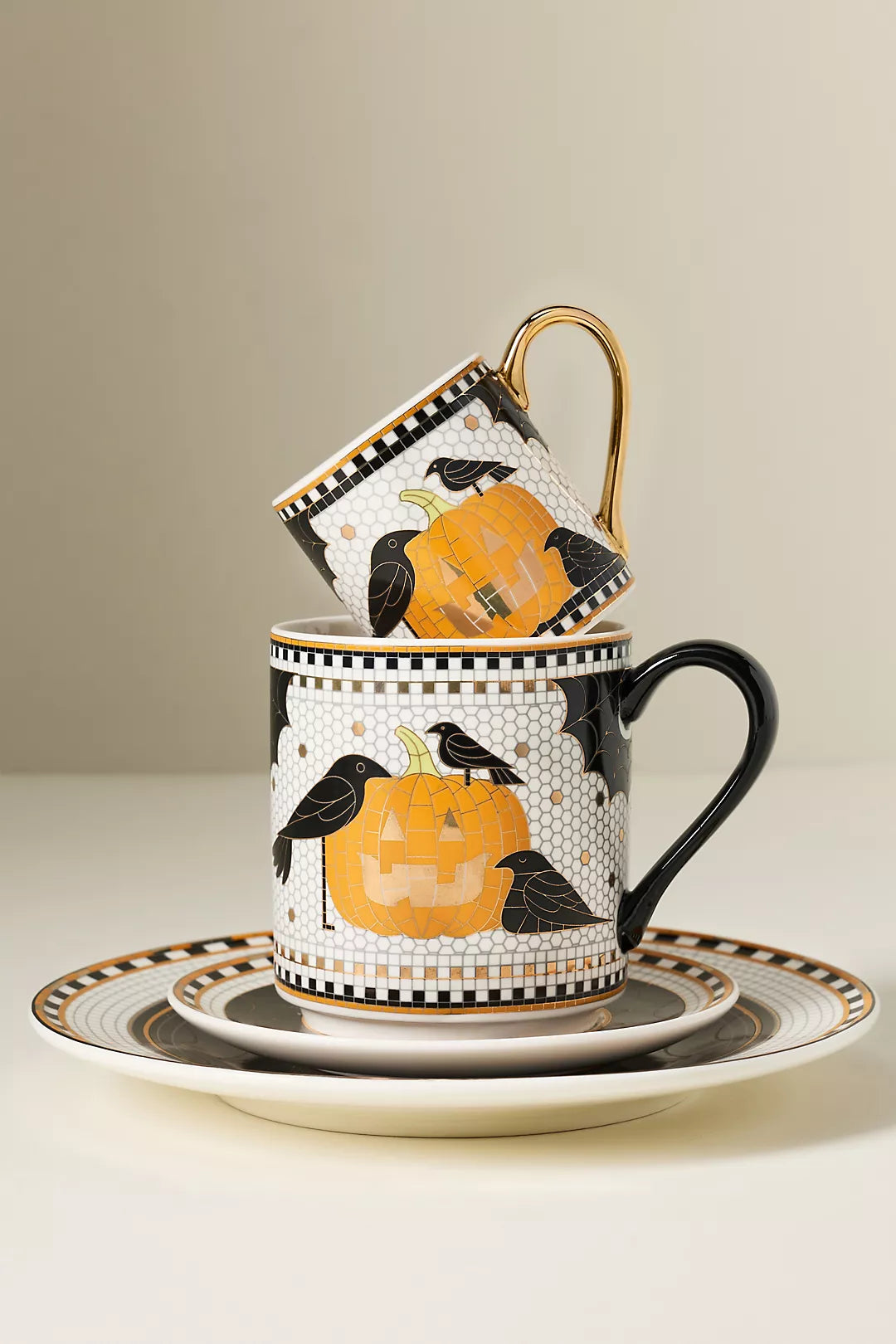 Jack-O-Lantern Bistro Tile Stoneware 24k Gold Accent Halloween Mug
