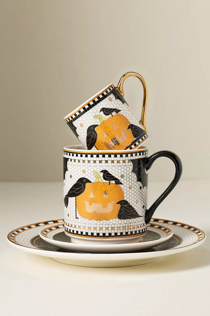 Jack-O-Lantern Bistro Tile Stoneware 24k Gold Accent Halloween Mug