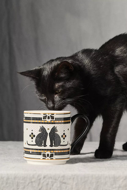 Black Cat Bistro Tile Stoneware 24k Gold Accent Halloween Mug