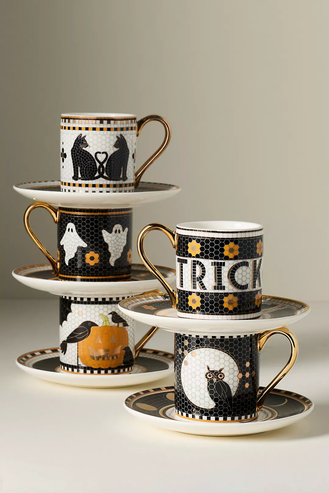 Bat Bistro Tile Stoneware 24k Gold Accent Halloween Espresso Cup