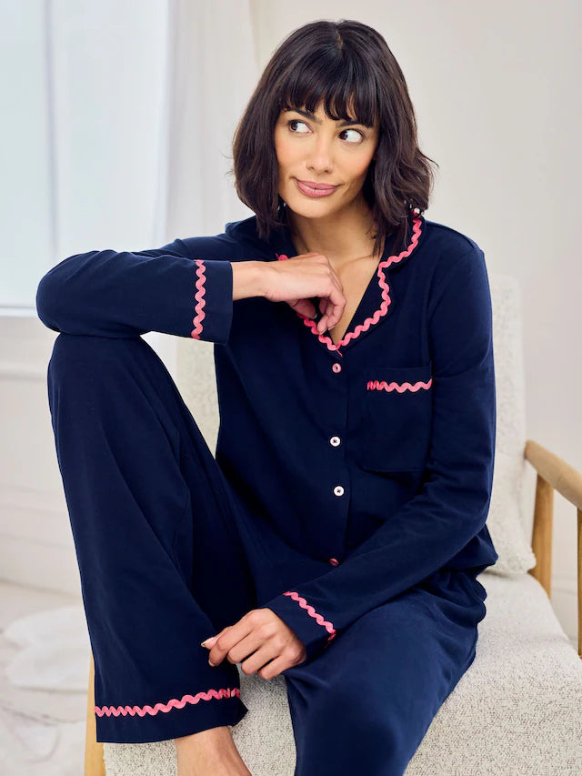 Blue Cotton Embroidered Good Morning Long Pyjamas Set