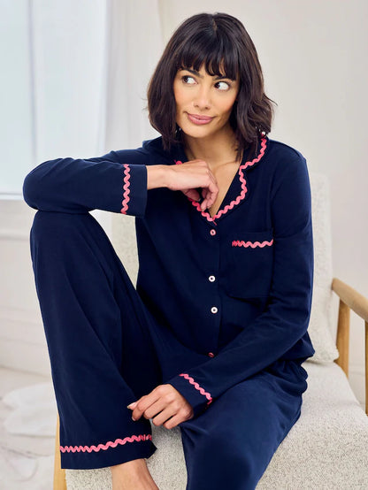 Blue Cotton Embroidered Good Morning Long Pyjamas Set