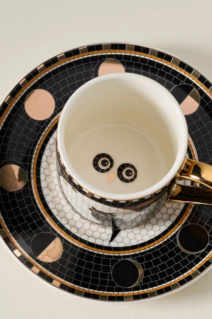 Owl Bistro Tile Stoneware 24k Gold Accent Halloween Espresso Cup