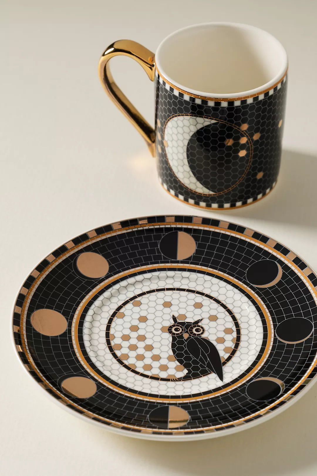 Owl Bistro Tile Stoneware 24k Gold Accent Halloween Espresso Cup