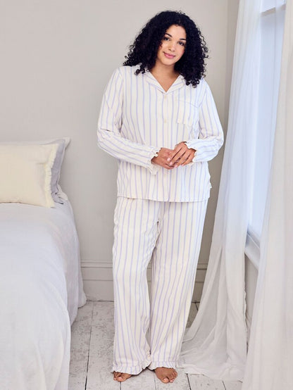 Purple Cotton Lilac Stripe Frill Long Pyjamas Set