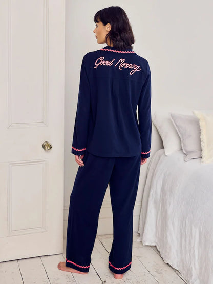 Blue Cotton Embroidered Good Morning Long Pyjamas Set