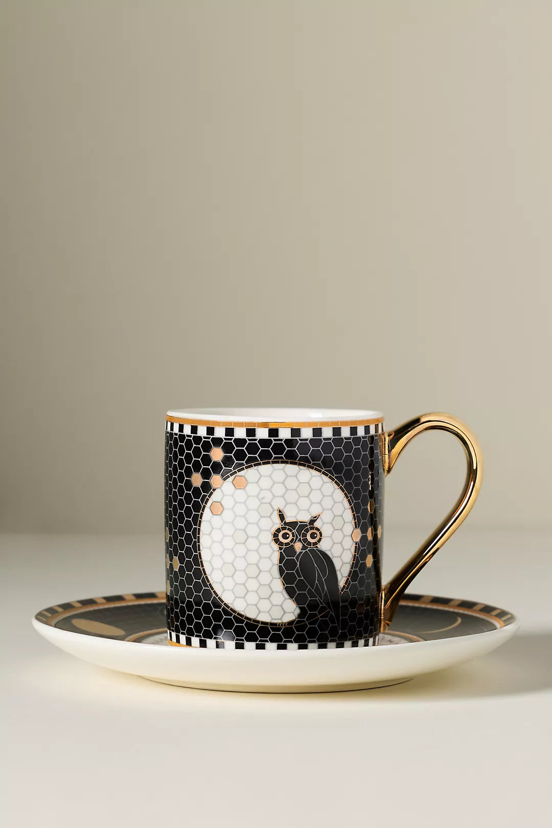 Owl Bistro Tile Stoneware 24k Gold Accent Halloween Espresso Cup