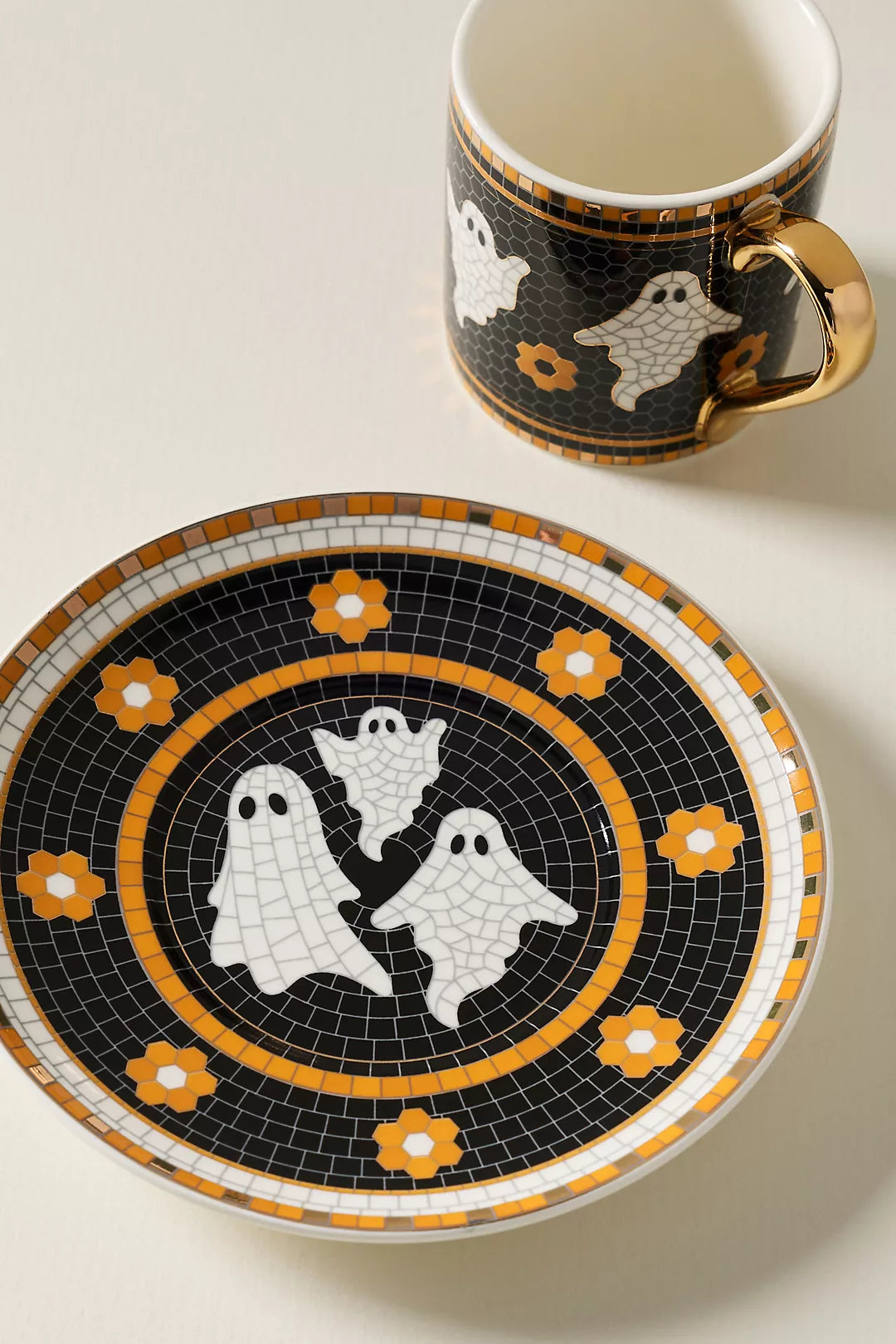 Ghost Bistro Tile Stoneware 24k Gold Accent Halloween Espresso Cup