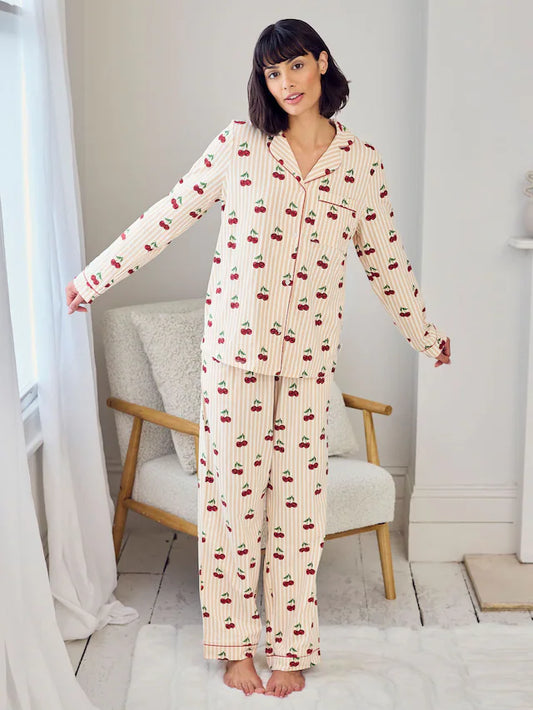 Natural Cotton Cherry Stripe Print Long Pyjamas Set