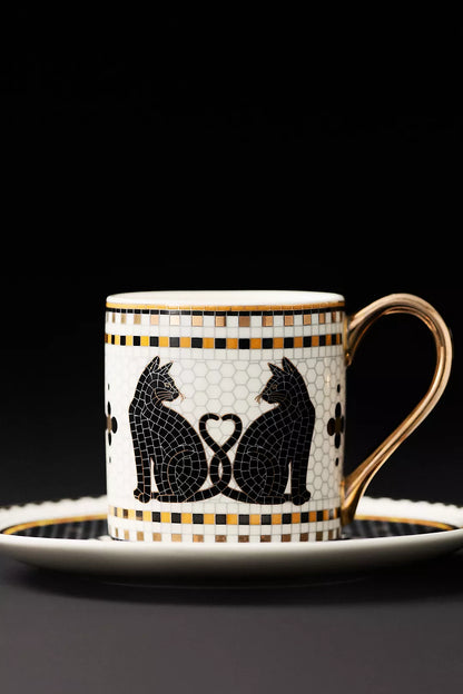 Black Cat Bistro Tile Stoneware 24k Gold Accent Halloween Espresso Cup