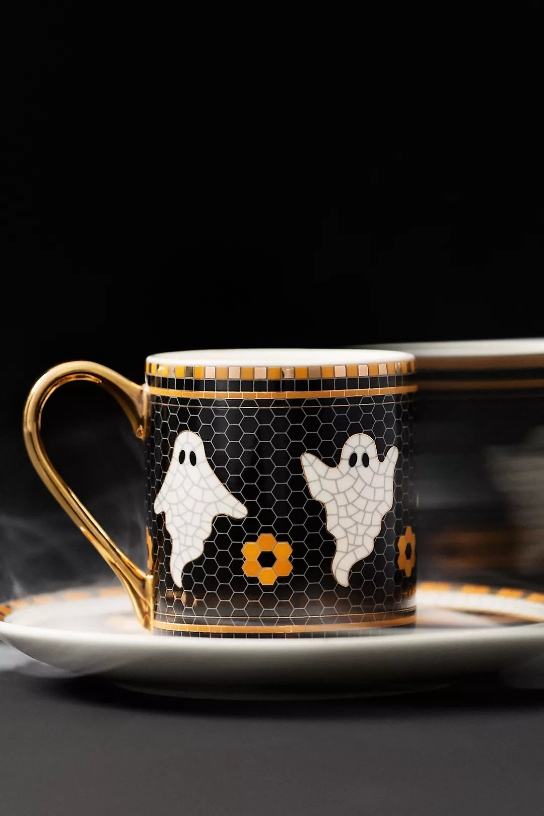 Ghost Bistro Tile Stoneware 24k Gold Accent Halloween Espresso Cup