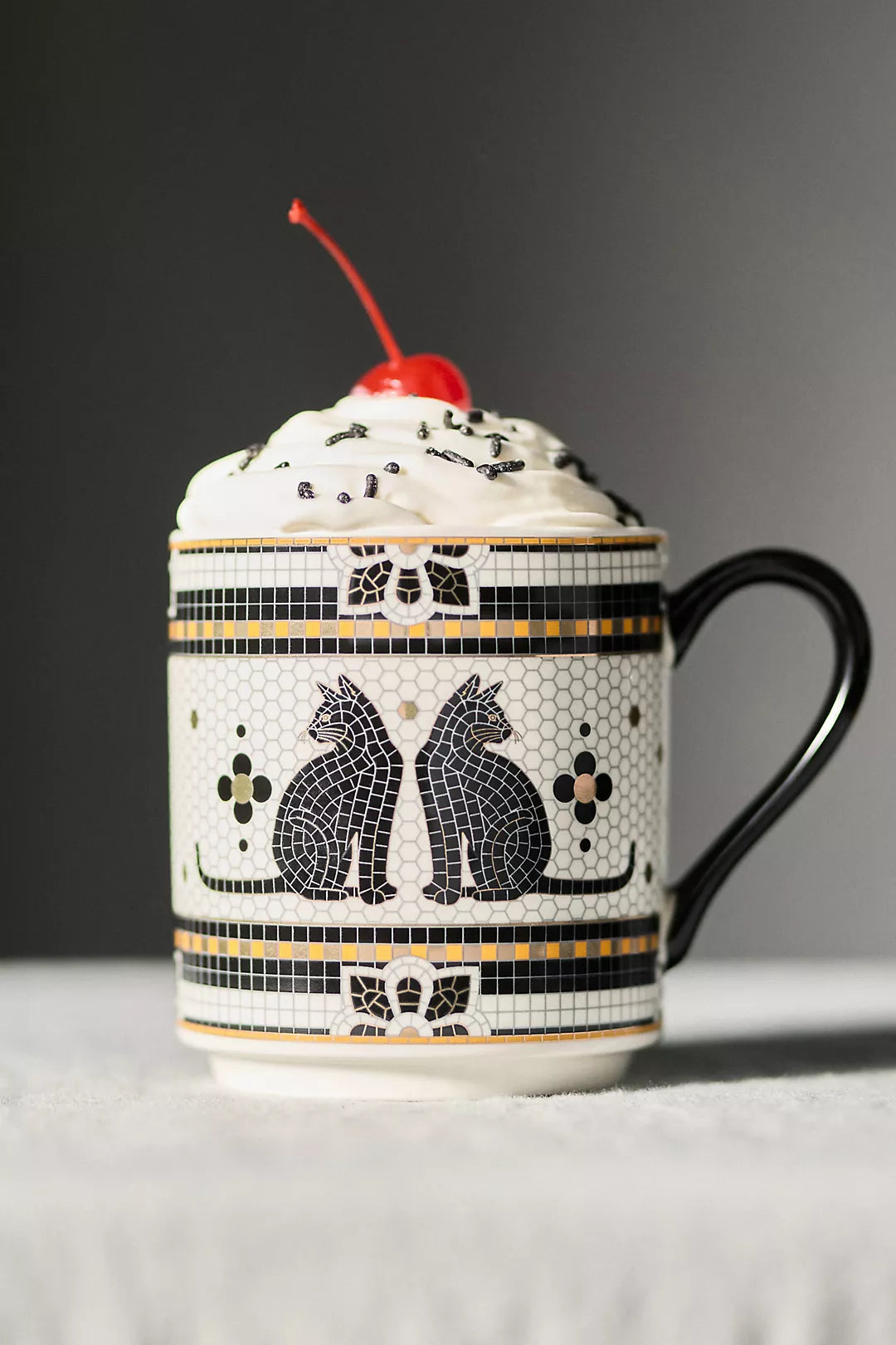 Black Cat Bistro Tile Stoneware 24k Gold Accent Halloween Mug