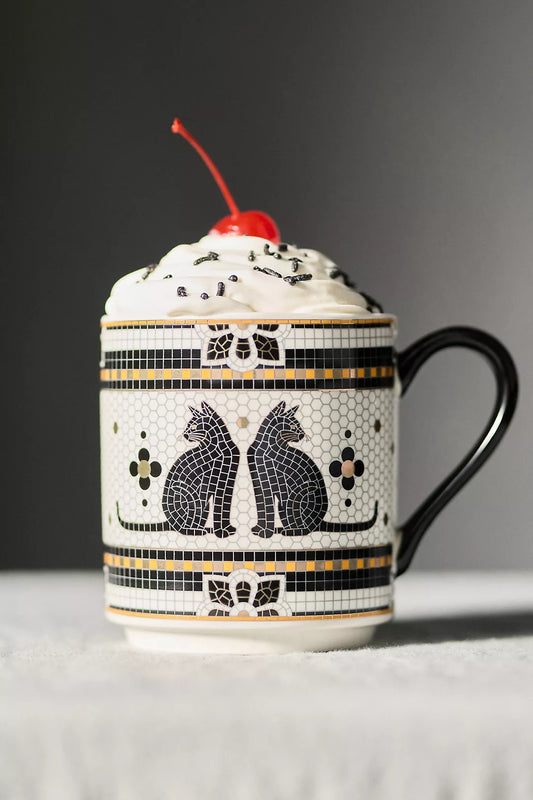 Black Cat Bistro Tile Stoneware 24k Gold Accent Halloween Mug