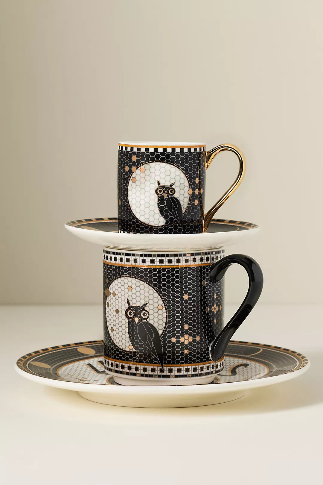Owl Bistro Tile Stoneware 24k Gold Accent Halloween Mug