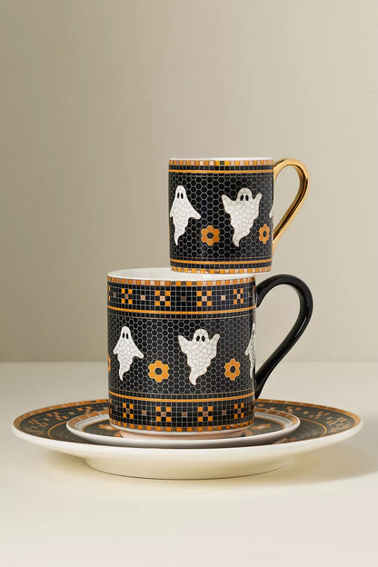 Ghost Bistro Tile Stoneware 24k Gold Accent Halloween Mug