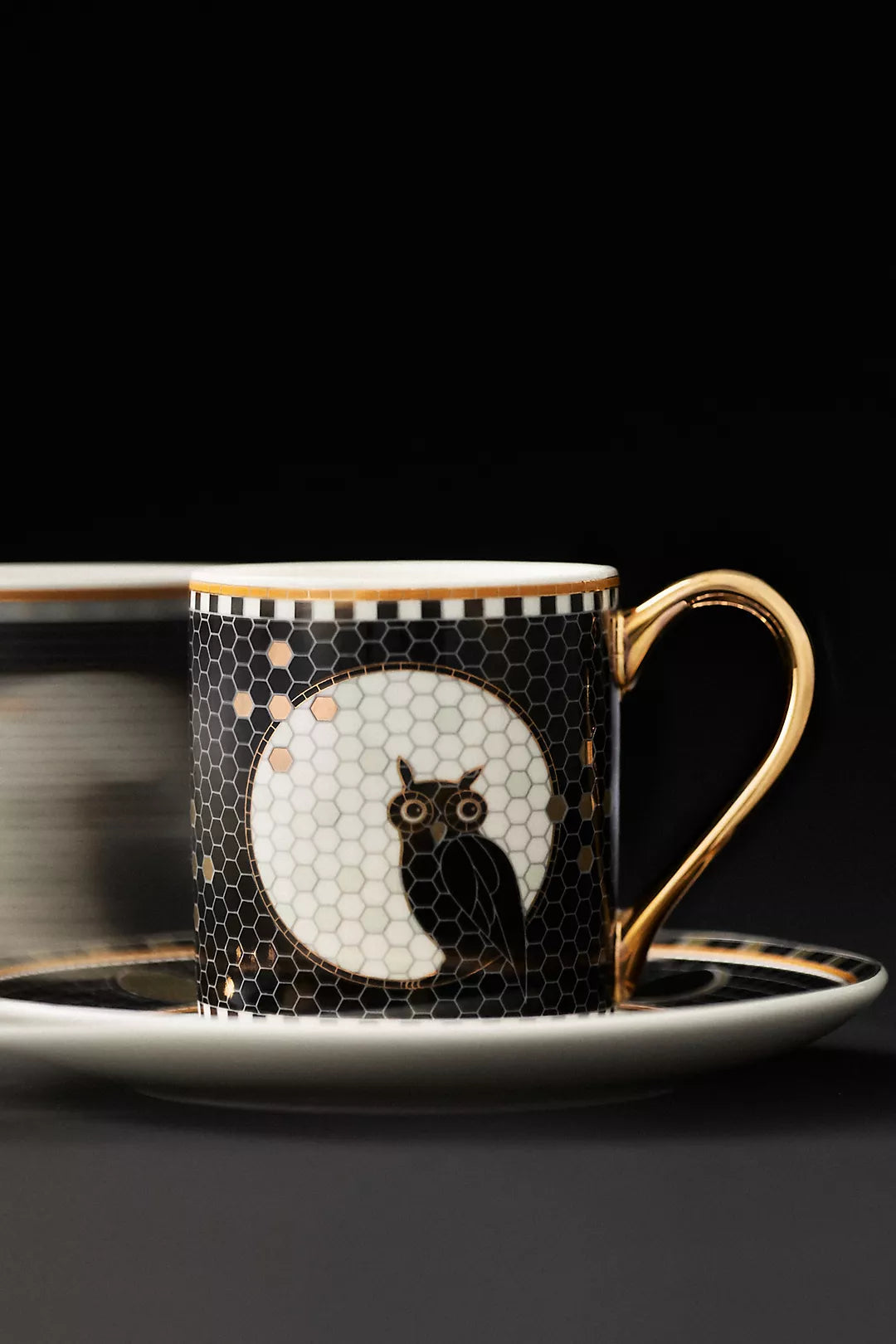Owl Bistro Tile Stoneware 24k Gold Accent Halloween Espresso Cup