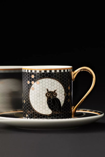 Owl Bistro Tile Stoneware 24k Gold Accent Halloween Espresso Cup