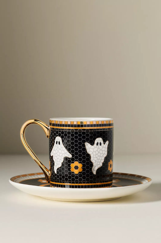 Ghost Bistro Tile Stoneware 24k Gold Accent Halloween Espresso Cup