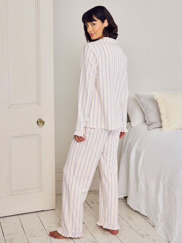 Purple Cotton Lilac Stripe Frill Long Pyjamas Set