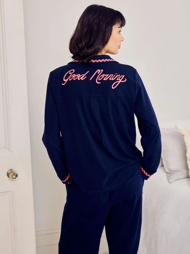 Blue Cotton Embroidered Good Morning Long Pyjamas Set