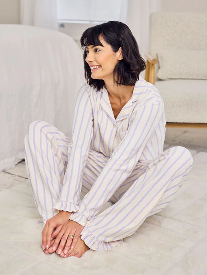 Purple Cotton Lilac Stripe Frill Long Pyjamas Set