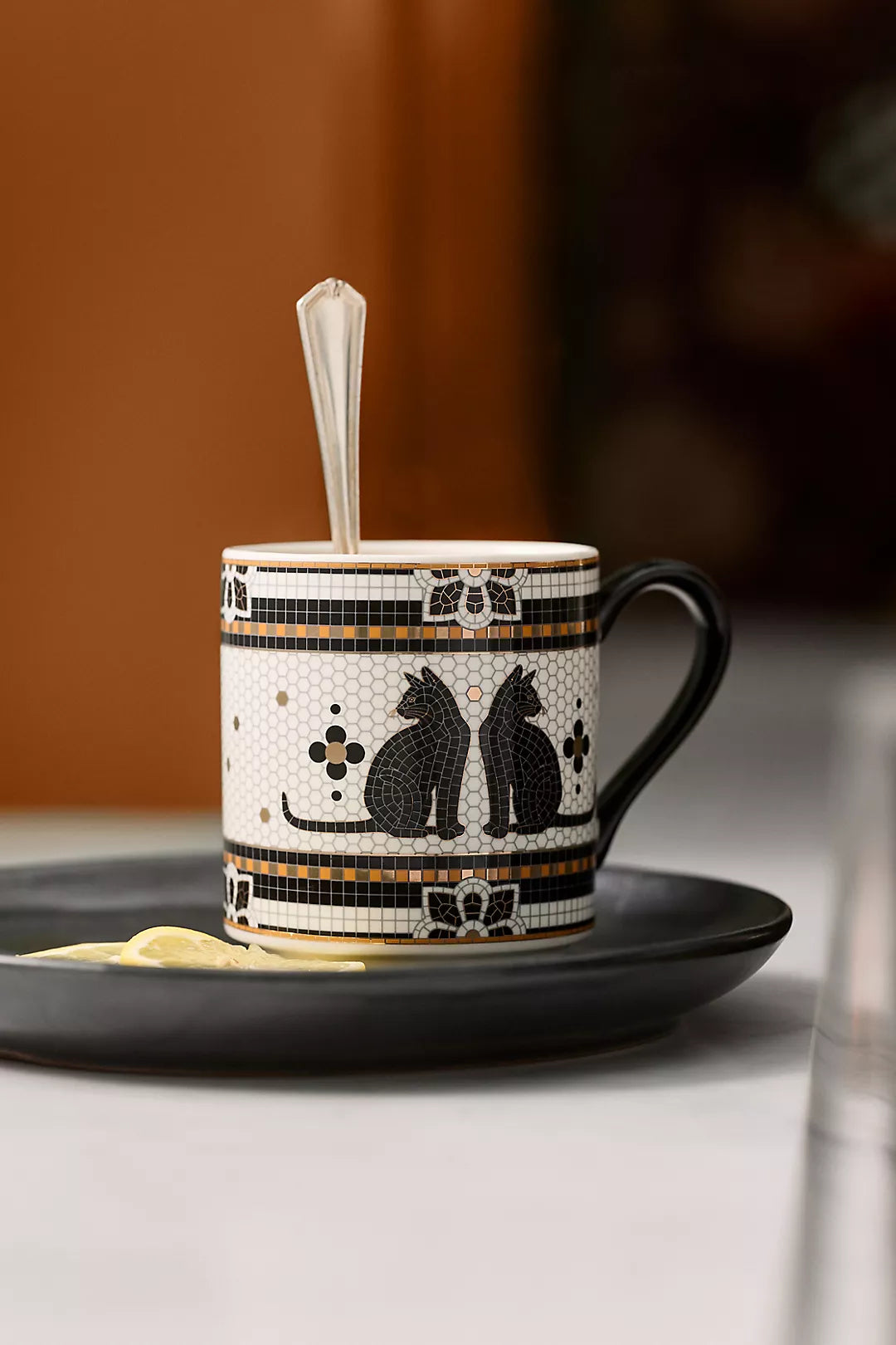 Black Cat Bistro Tile Stoneware 24k Gold Accent Halloween Espresso Cup
