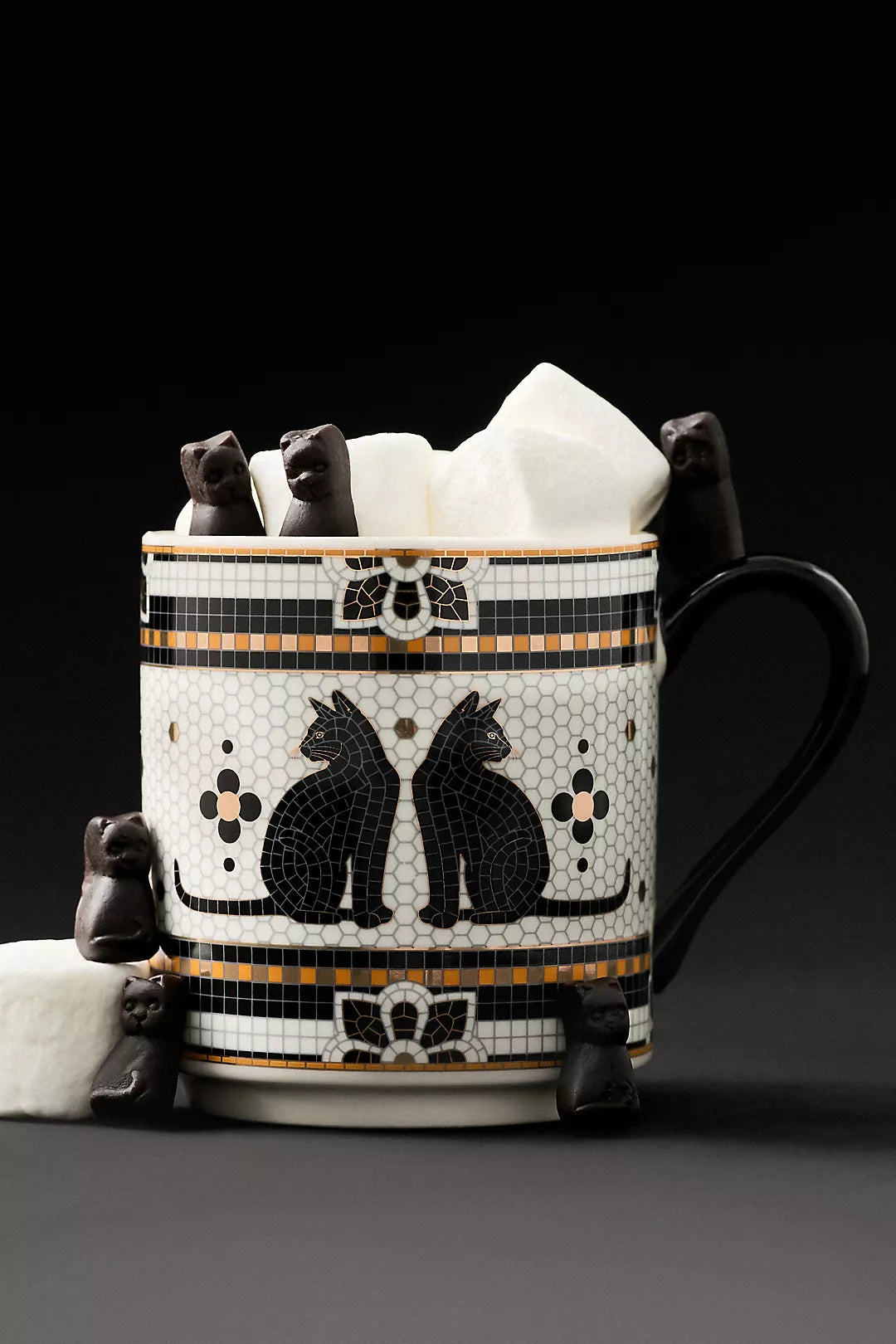 Black Cat Bistro Tile Stoneware 24k Gold Accent Halloween Mug