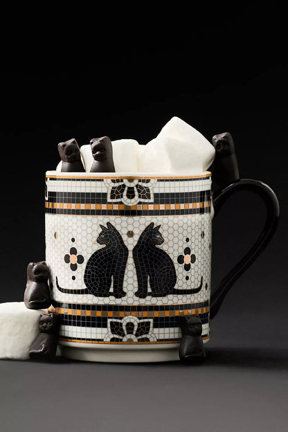 Black Cat Bistro Tile Stoneware 24k Gold Accent Halloween Mug