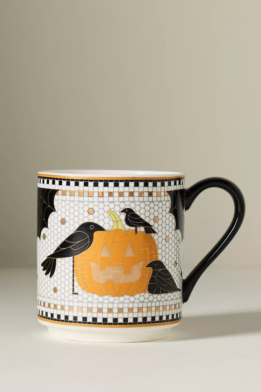 Jack-O-Lantern Bistro Tile Stoneware 24k Gold Accent Halloween Mug