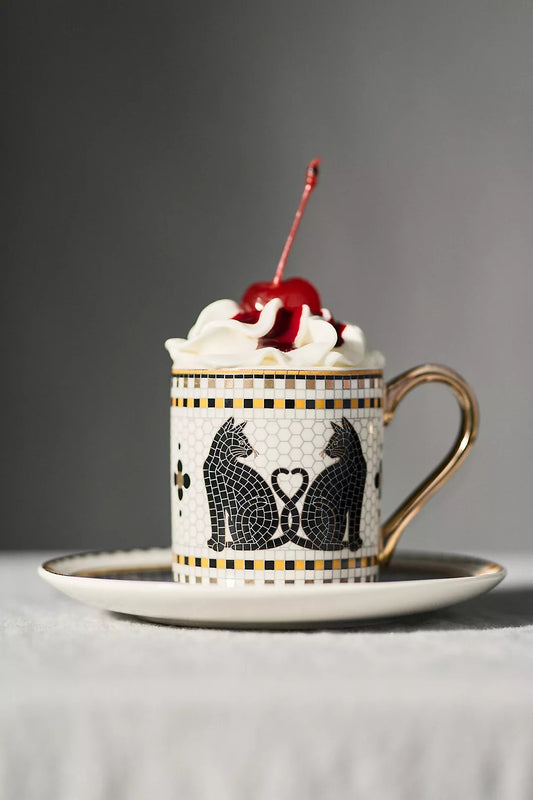 Black Cat Bistro Tile Stoneware 24k Gold Accent Halloween Espresso Cup