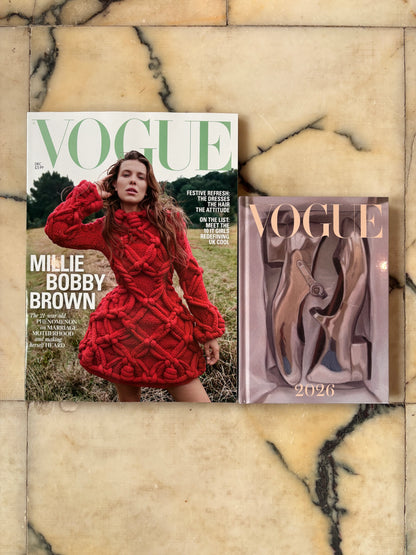 Vogue UK magazine December 2025 Millie Bobby Brown + Vintage Vogue 2026 Diary