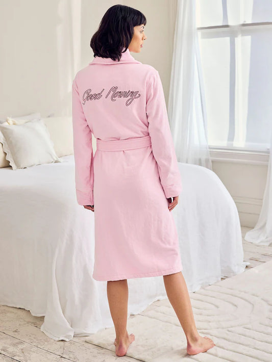 Pink Cotton Towelling Embroidered Good Morning Dressing Gown